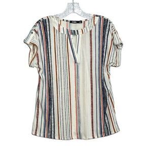 CURE Keyhole Striped Short Sleeve Top Blouse‎ Blue Red Stretch Size S